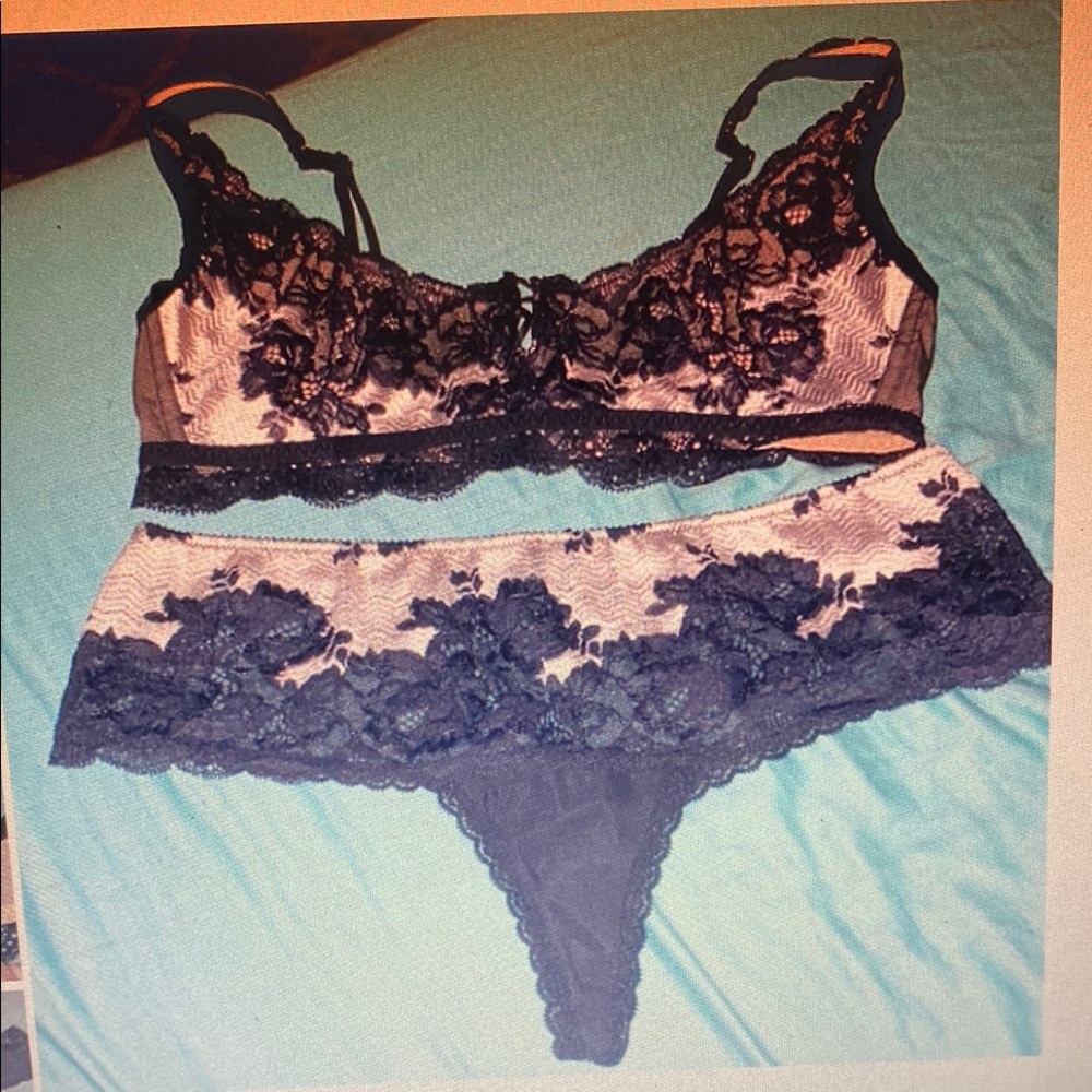 Vintage Victoria's Secret Black overbra corset bra/panties Set. Hard to find
